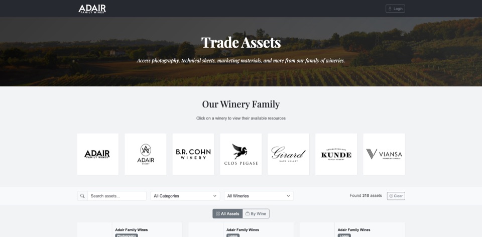 Digital Asset Management platform showing trade assets portal for multiple winery brands